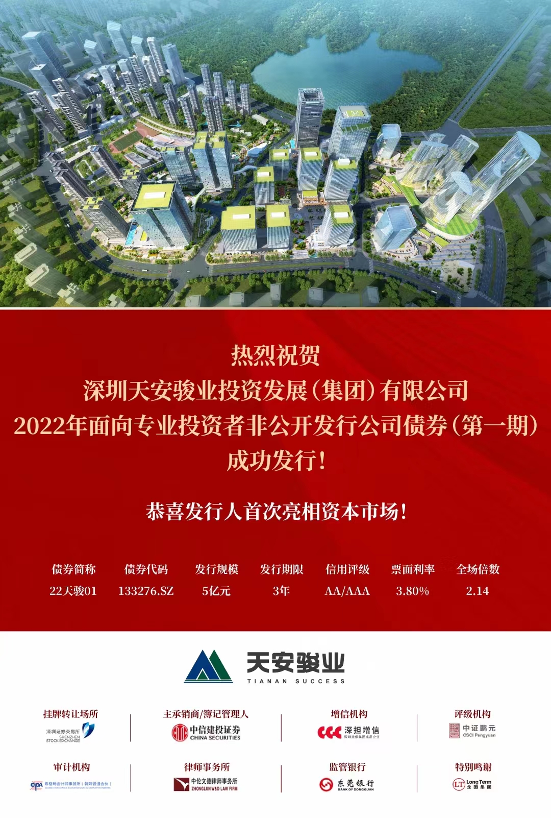 热烈祝贺深圳天安骏业投资发展(集团)有限公司2022年面向专业投资者非公开发行公司债券(第一期)成功发行! · 相关图片